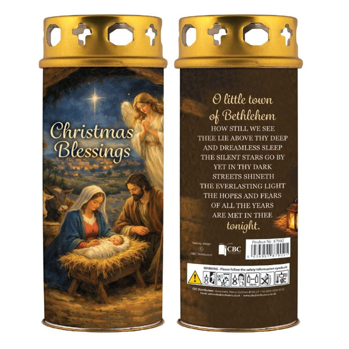 Christmas Candle, Christmas Blessings With Verse From Christmas Carol On The Reverse - Windproof Top 16.5cm High