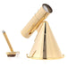 A polished gold brass telescope with a conical base and an eyepiece resting on a small ring, shown alongside a separate gold screw-on accessory on a clean white background.