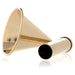 A polished gold metal funnel with a cylindrical tube attachment, displayed on a clean white background with a soft reflection.