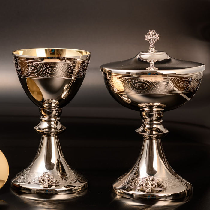 Ciborium Silver Nickel Plated Brass, Ichthys Design 23cm High Holds 250 Peoples Hosts