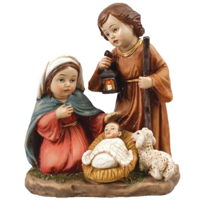 Children's Holy Family Nativity With Lamb, 12cm / 4.75 Inches High Handpainted Resin Cast Figurine