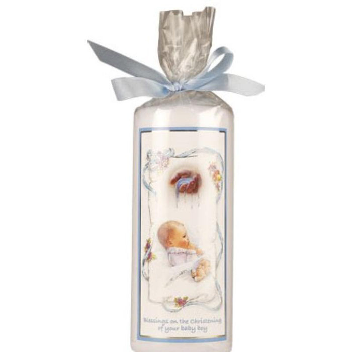 Christening Candle For a Boy With Blue Ribbon, Size 6 Inches / 15cm High
