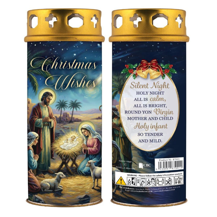 Christmas Candle, Christmas Wishes - Silent Night Verse On The Reverse 16.5cm High With Windproof Top