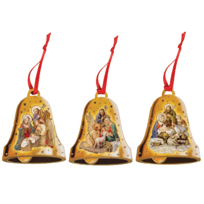 Christmas Tree Bell Design Decorations, Pack of 3 With Hanging Cord & Gold Foil Highlights 7cm High