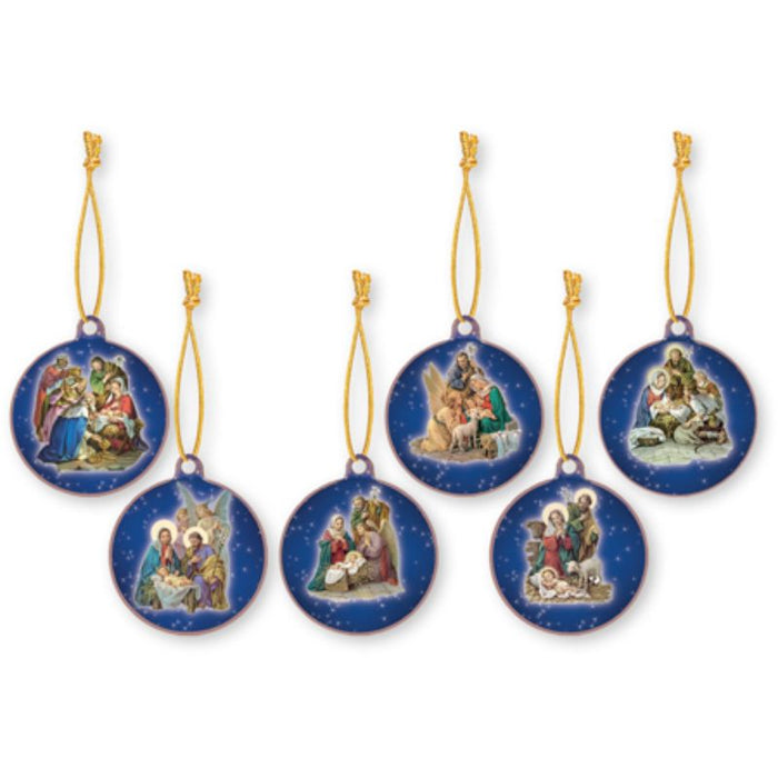 Christmas Tree Decorations, Pack of 6 With Hanging String & Gold Foil Highlights 4.5cm Diameter LIMITED STOCK