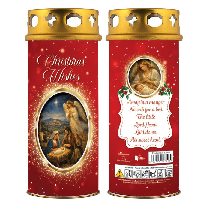 Christmas Wishes Candle, With Christmas Carol Verse On The Reverse - Windproof Top 16.5cm High