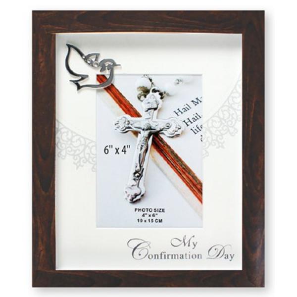 My Confirmation Day, Dark Wood Effect Box Style Photo Frame With 3D Metal Dove Motif Size: 27.5cm x 35cm