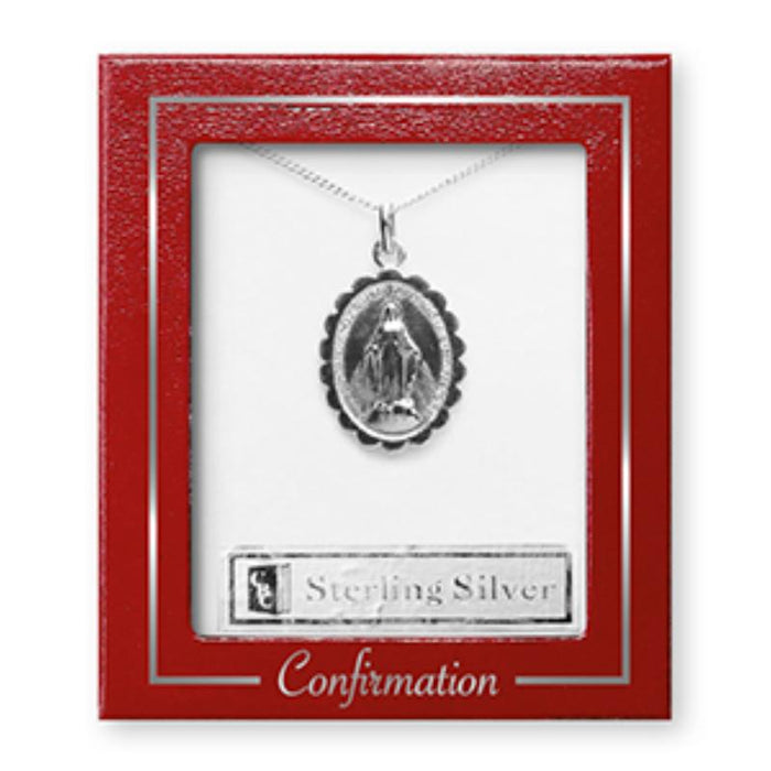 Sterling Silver Confirmation Miraculous Medal 20mm High, Complete With 18 Inch Length Chain