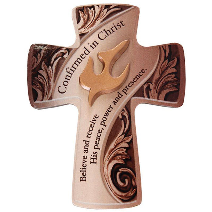 Confirmed In Christ, Wooden Cross With Raised Dove of Peace, Wall Hanging or Free Standing 12.5cm / 5 Inches High