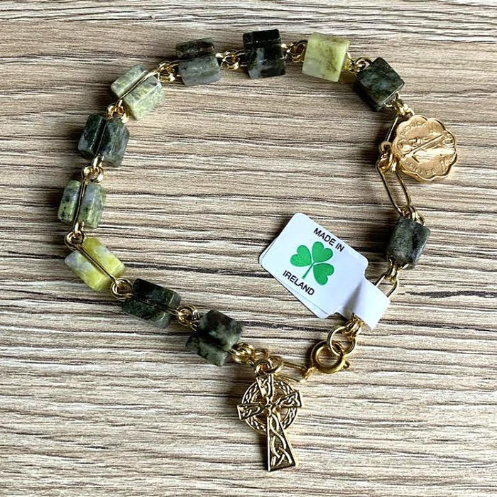 Connemara Rosary Bracelet, With Gold Coloured Celtic Cross and St. Patrick Medal