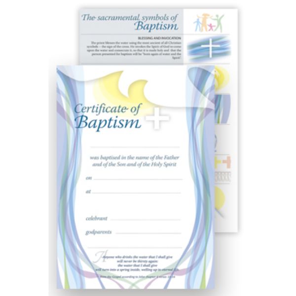 Baptism Certificate - Cross and Flowing Water Design, Available In 2 Pack Sizes