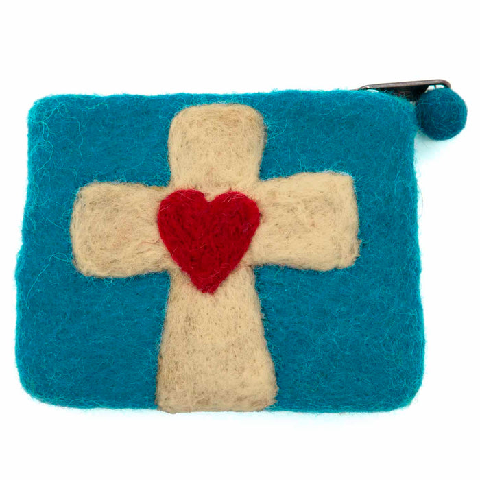 Cross & Heart Design Felt Purse, Handmade In Nepal - Size 12cm Wide