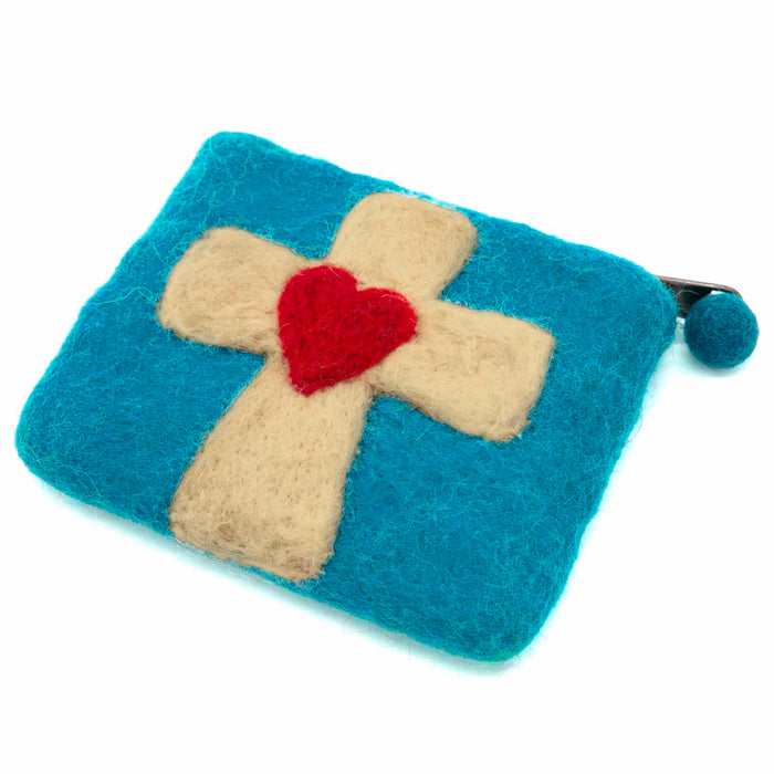 Cross & Heart Design Felt Purse, Handmade In Nepal - Size 12cm Wide
