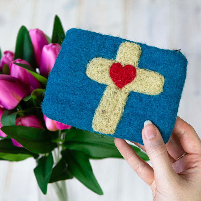 Cross & Heart Design Felt Purse, Handmade In Nepal - Size 12cm Wide