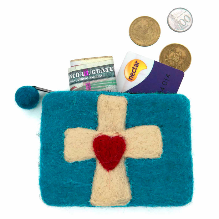 Cross & Heart Design Felt Purse, Handmade In Nepal - Size 12cm Wide