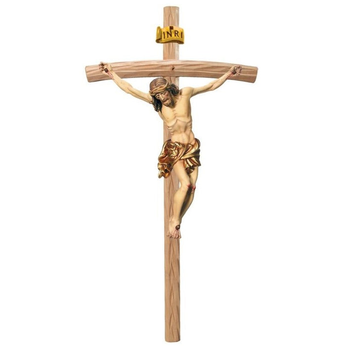 Curved Bar Crucifix, Baroque Style Body of Christ With a Gilded Loincloth, Available In 8 Sizes