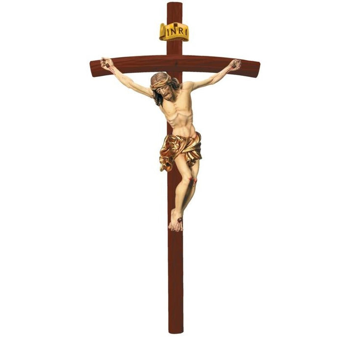 Curved Bar Crucifix, Baroque Style Body of Christ With a Gilded Loincloth, On a Dark Wood Cross Available In 8 Sizes