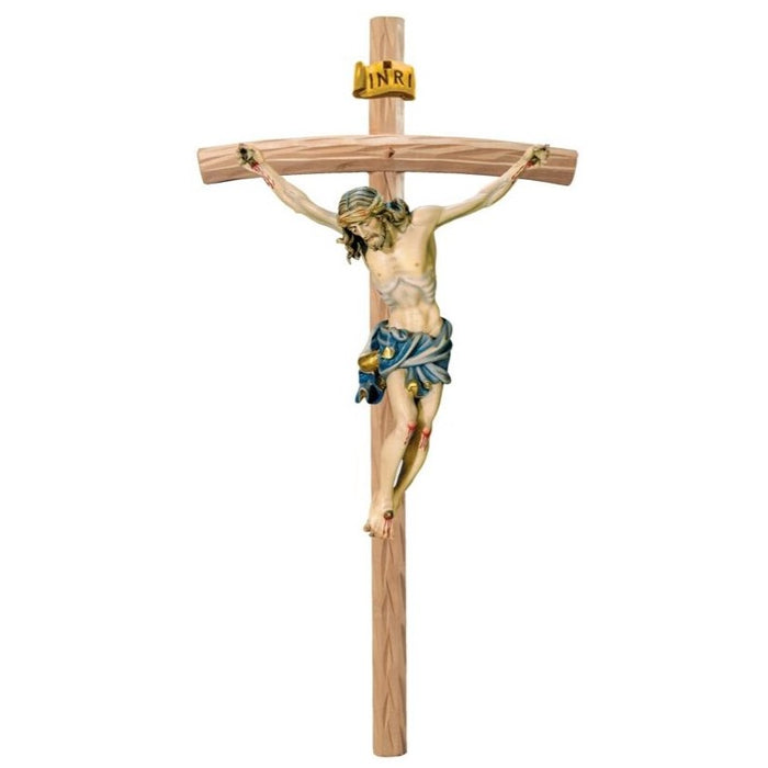 Curved Bar Crucifix, Baroque Style Body of Christ With Blue Loincloth, Available In 8 Sizes