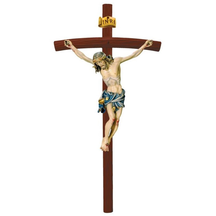 Curved Bar Crucifix, Baroque Style Body of Christ With Blue Loincloth, On a Dark Wood Cross Available In 8 Sizes