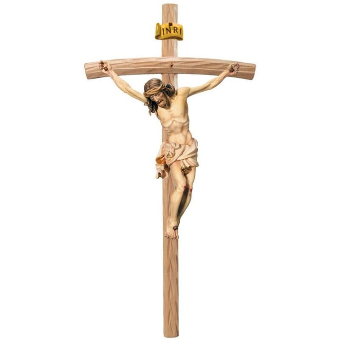 Curved Bar Crucifix, Baroque Style Body of Christ With Cream/White Loincloth, Available In 8 Sizes