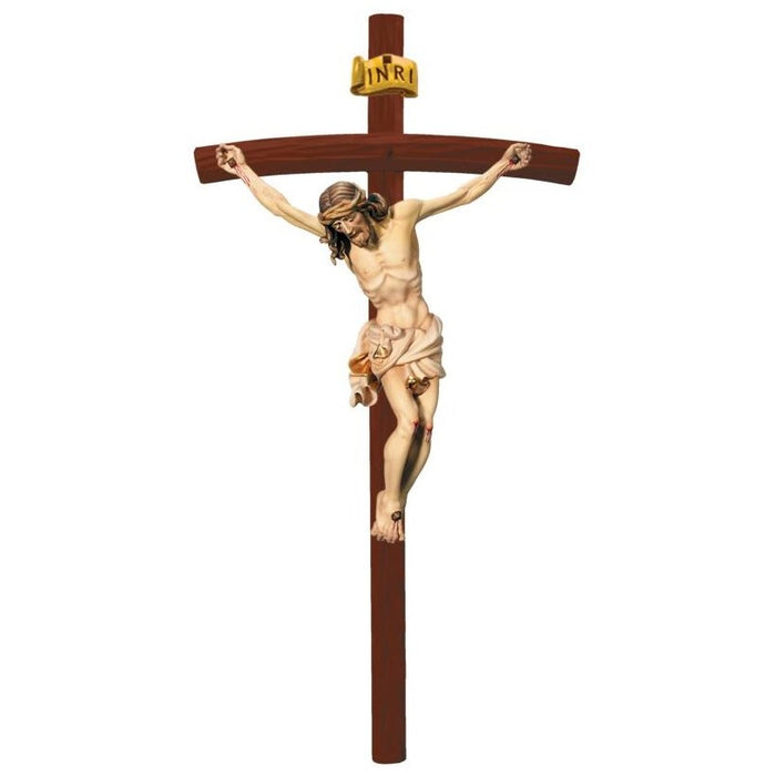 Curved Bar Crucifix, Baroque Style Body of Christ With Cream/White Loincloth, On a Dark Wood Cross Available In 8 Sizes