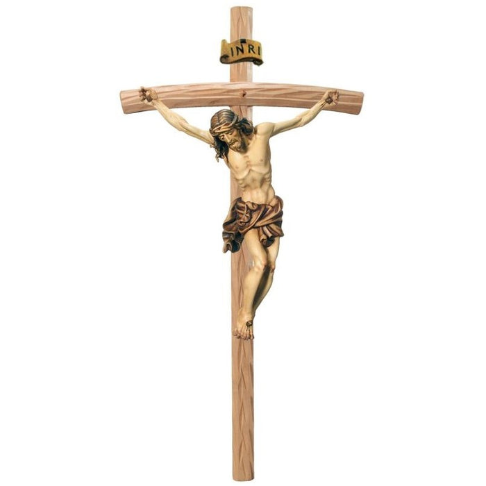 Curved Bar Crucifix, Baroque Style Body of Christ With Natural Brown Coloured Loincloth, Available In 8 Sizes