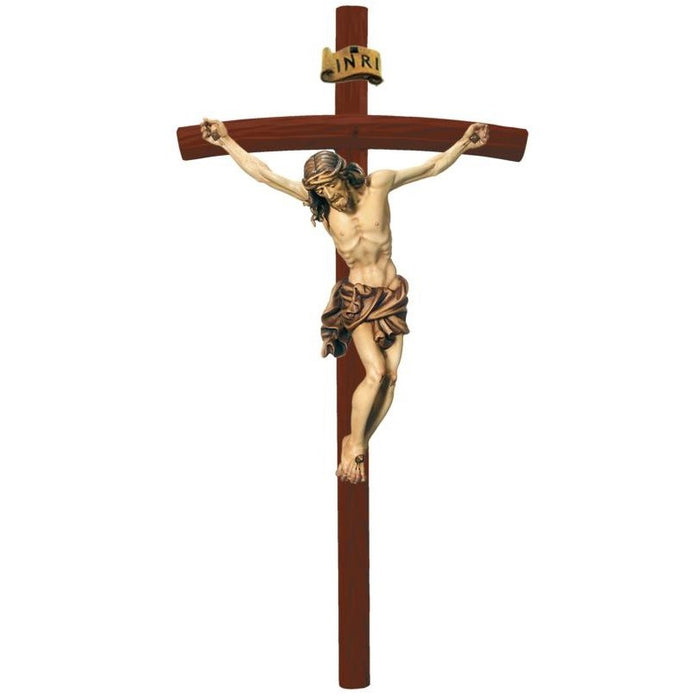 Curved Bar Crucifix, Baroque Style Body of Christ With Natural Brown Coloured Loincloth, On a Dark Wood Cross Available In 8 Sizes