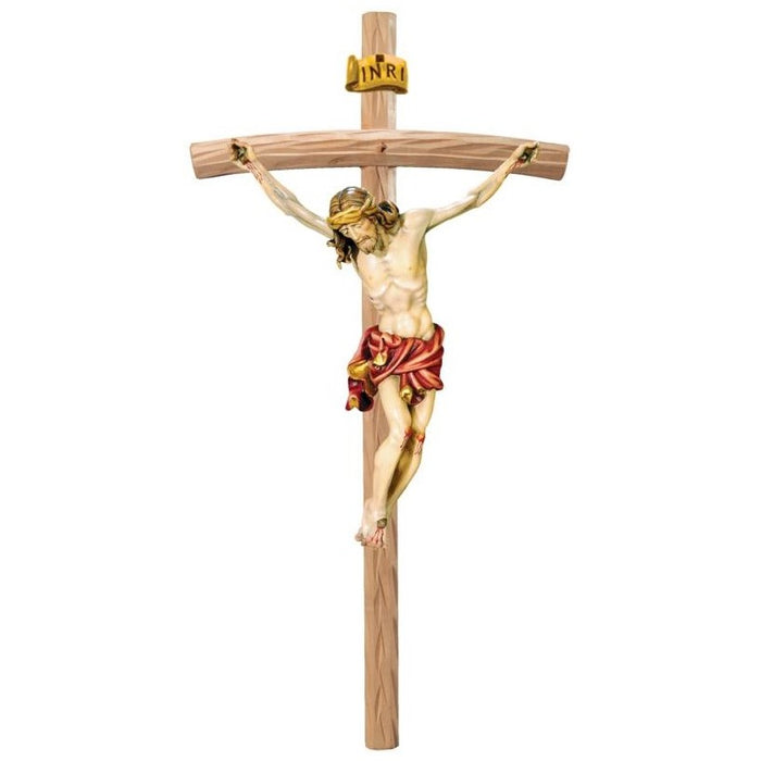 Curved Bar Crucifix, Baroque Style Body of Christ With Red Loincloth, Available In 8 Sizes