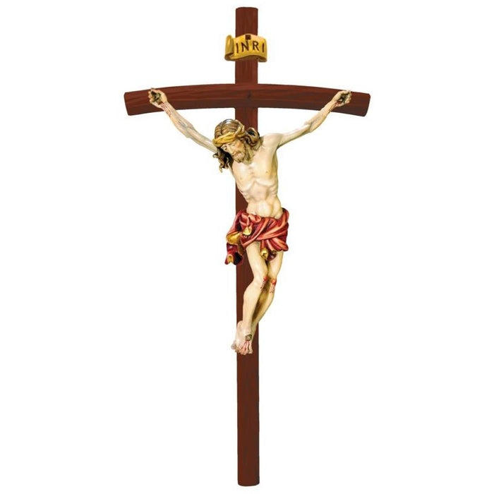 Curved Bar Crucifix, Baroque Style Body of Christ With Red Loincloth, On a Dark Wood Cross Available In 8 Sizes