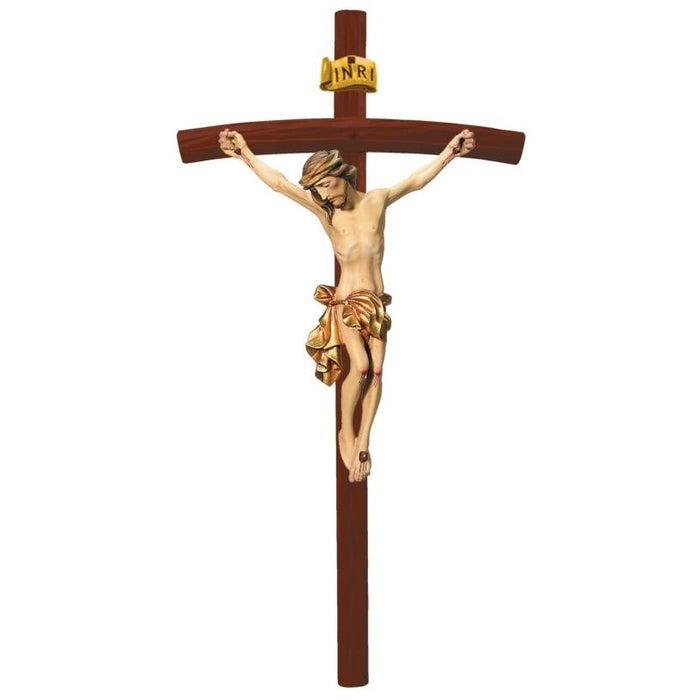 Curved Bar Wood Carved Crucifix, Body of Christ With A Gilded Loincloth, On Brown Coloured Cross Available In 13 Sizes