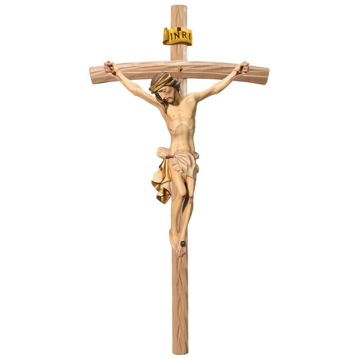 Curved Bar Wood Carved Crucifix, Body of Christ With Cream/White Loincloth, Available In 12 Sizes