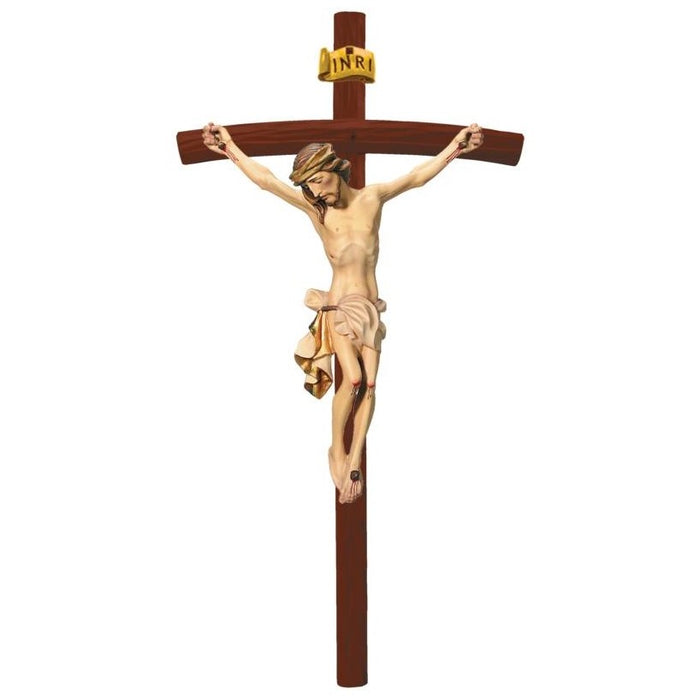 Curved Bar Wood Carved Crucifix, Body of Christ With Cream/White Loincloth, On Brown Coloured Cross Available In 13 Sizes