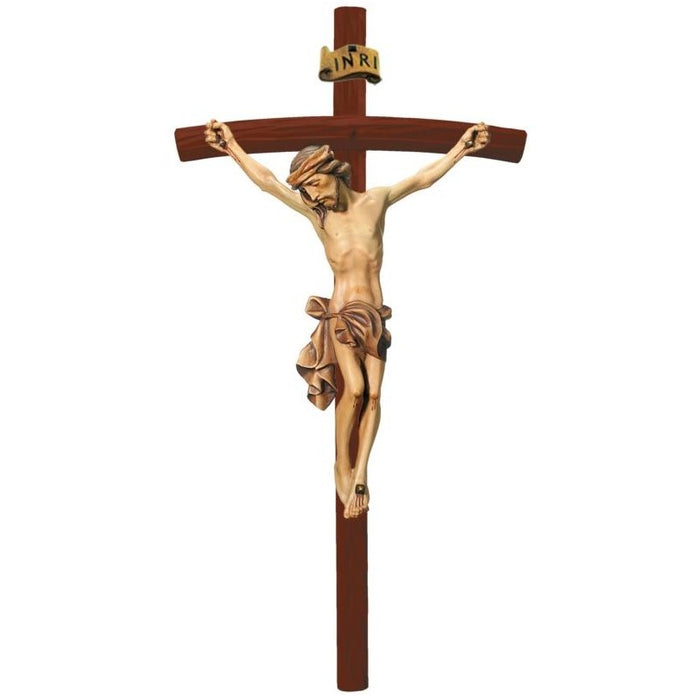 Curved Bar Wood Carved Crucifix, Body of Christ With Natural Light Brown Finish, On Brown Coloured Cross Available In 13 Sizes