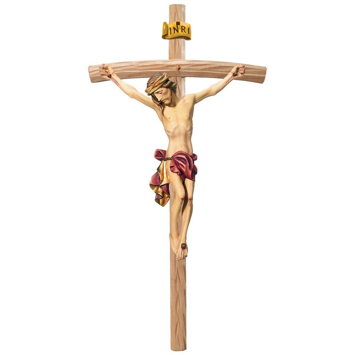 Curved Bar Wood Carved Crucifix, Body of Christ With Red Loincloth, Available In 12 Sizes