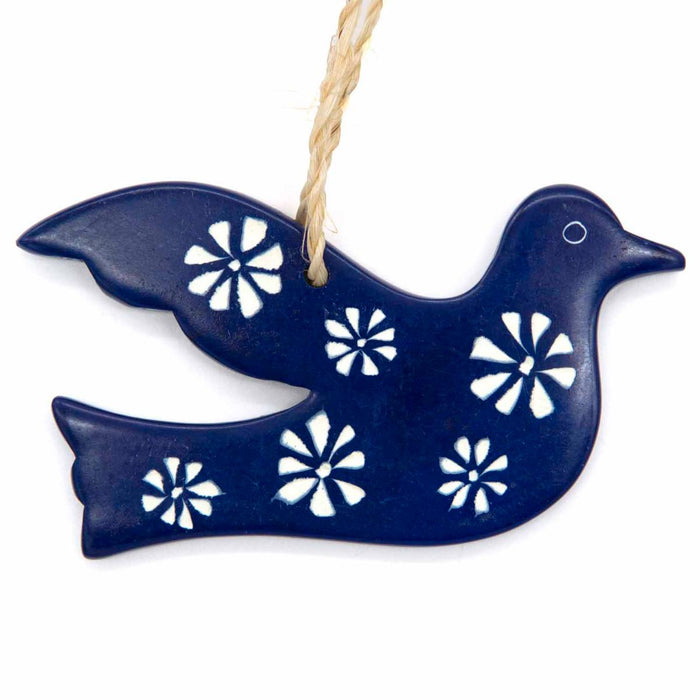 Dove of Peace Handcarved Soapstone, Dark Blue/Purple  Flower Design 9.5cm / 3.75 Inches Wide