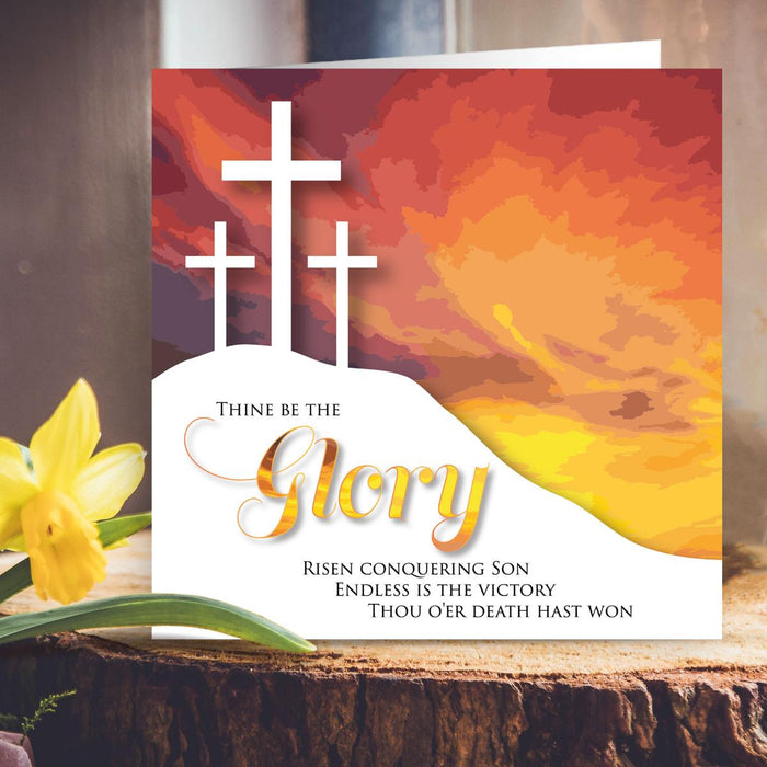 Easter Greetings Cards Pack of 5, Thine Be The Glory Risen Conquering Son, With Bible Verse On the Inside John 3:16
