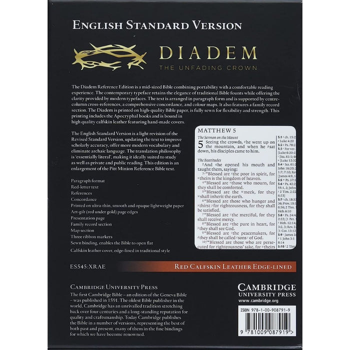 ESV Diadem Reference Edition with Apocrypha, Red Calfskin leather Red-letter Text, by Cambridge Bibles