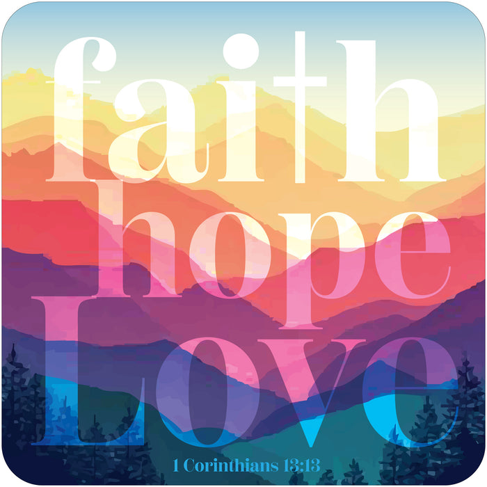 Faith, Hope And Love, Coaster With Bible Verse 1 Corinthians 13:13 - Size 9.5cm / 3.75 Inches Square