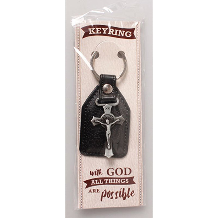 Faux Leather Key Ring With Crucifix, 3.5 Inches / 9cm In Length