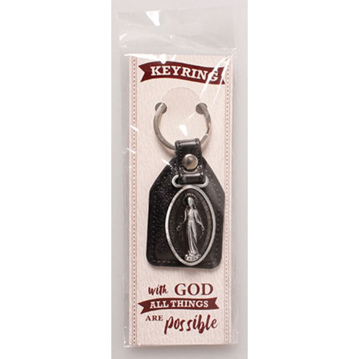 Faux Leather Key Ring With Our Lady of Grace Miraculous Medal, 3.5 Inches / 9cm In Length