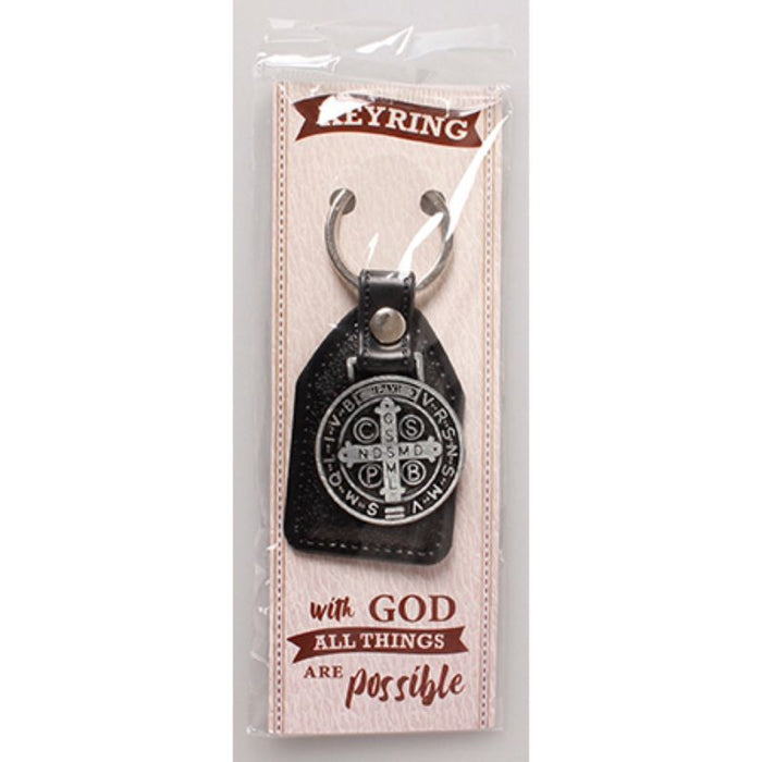 Faux Leather Key Ring With St Benedict Medal, 3.5 Inches / 9cm In Length