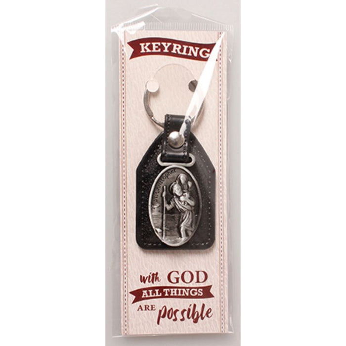 Faux Leather Key Ring With St Christopher Medal, 3.5 Inches / 9cm In Length