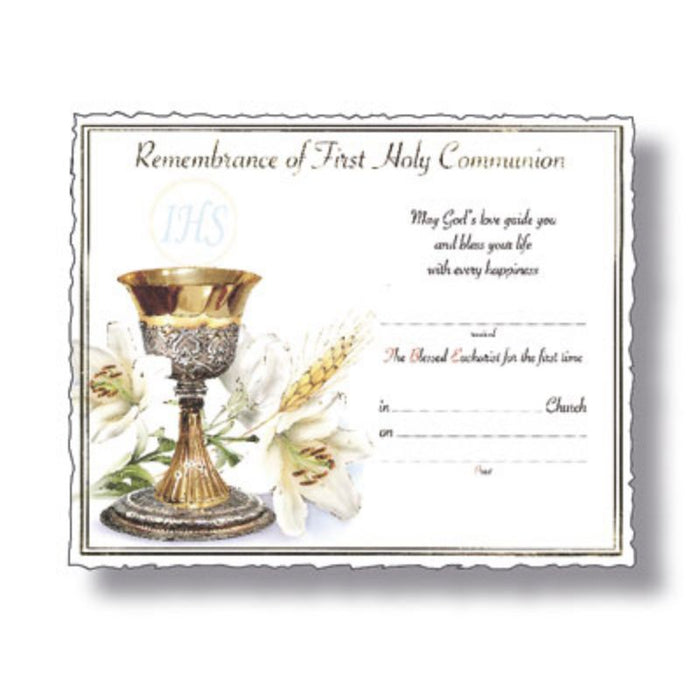 First Holy Communion Certificate, Pack of 10 Chalice Design Landscape Format Size 25.5cm x 20cm