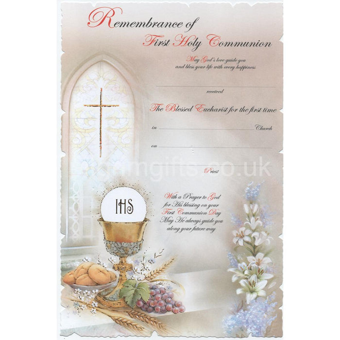 First Holy Communion Certificate, Pack of 10 Host and Chalice Design Size 18cm x 27cm