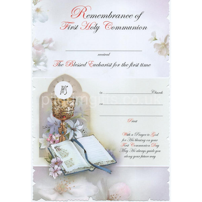 First Holy Communion Certificate, Pack of 10 Open Bible, Host and Chalice Design Size 18cm x 27cm