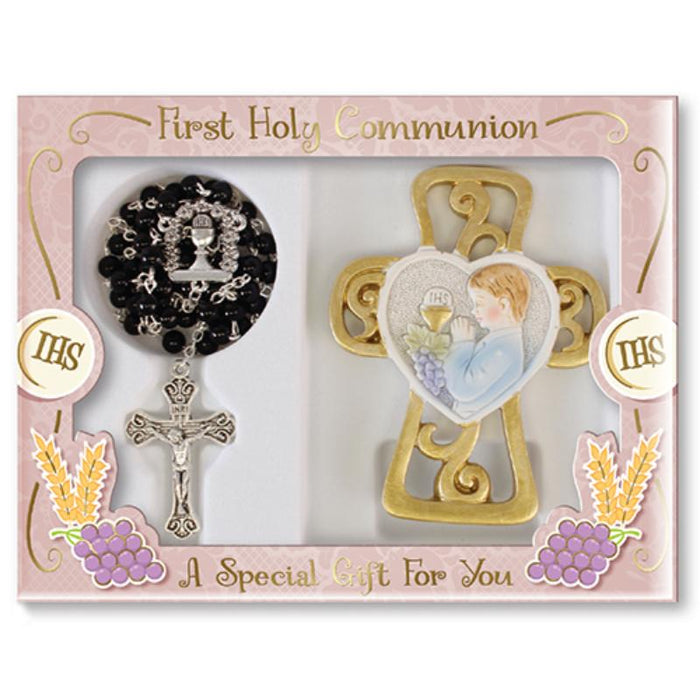 First Holy Communion Gift Set For a Boy, A Special Gift For You with Black Pearlised Acrylic Rosary and Free Standing Cross