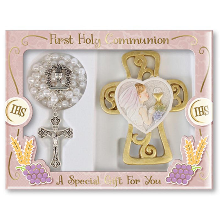 First Holy Communion Gift Set For a Girl, A Special Gift For You with White Pearlised Acrylic Rosary and Free Standing Cross