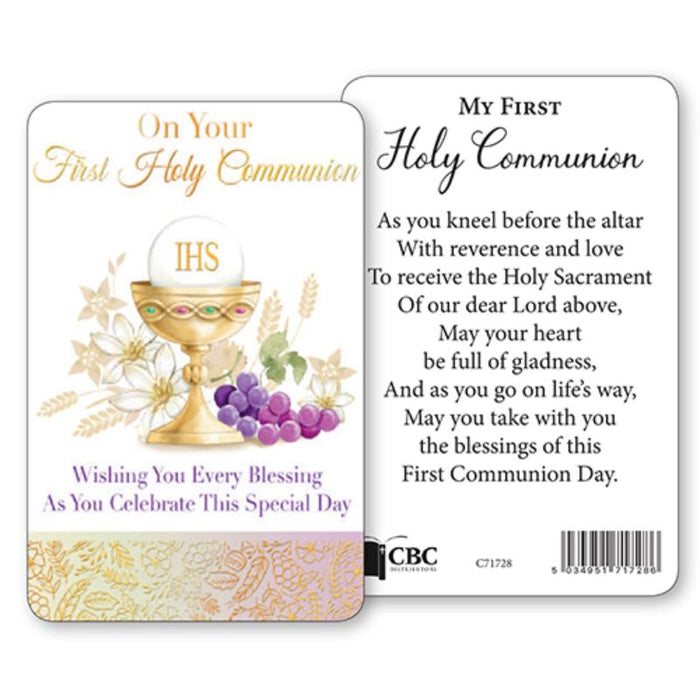 First Holy Communion Laminated Prayer Card, Chalice and Grape Design