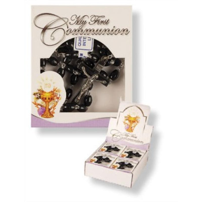 First Holy Communion Rosary, Extra Strong Black Plastic Beads In a Presentation Box