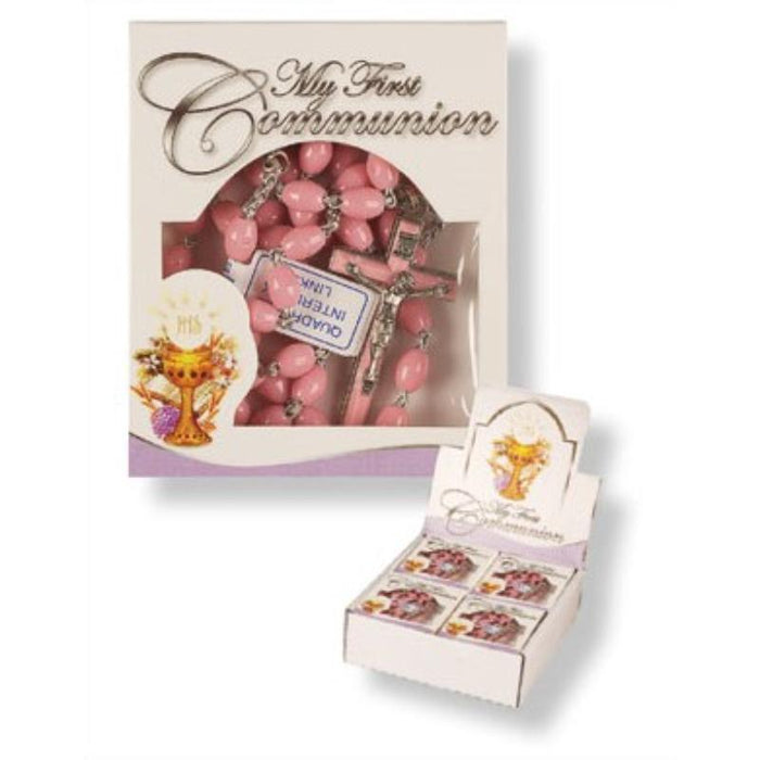 First Holy Communion Rosary, Extra Strong Pink Plastic Beads In a Presentation Box